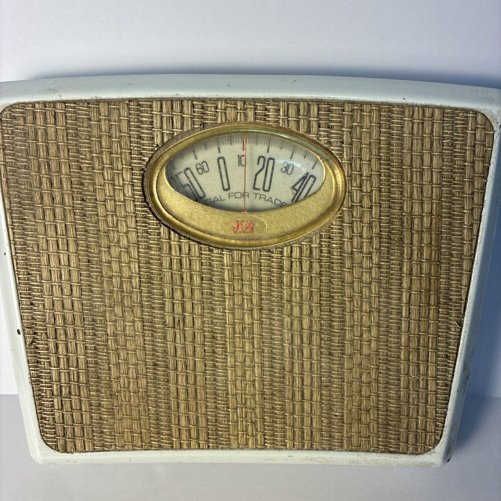 Vintage Counselor Bathroom Scale Mid Century White Metal Woven Fiber Tiki Style